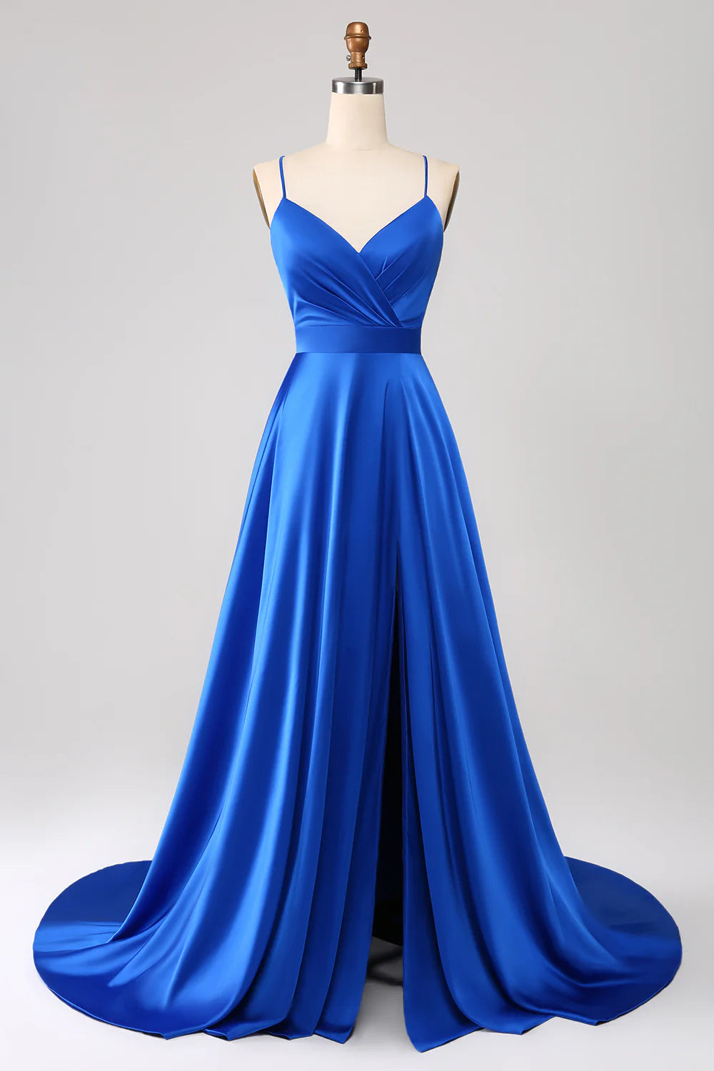 Wholesale Royal Blue A Line Spaghetti Straps Satin Prom Dress with Slit