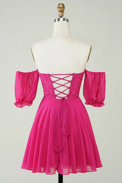 Wholesale Fuchsia Corset A-Line Chiffon Short Homecoming Dress with Lace