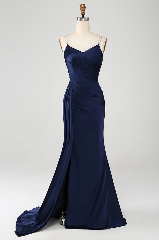 Wholesale Navy Mermaid Spaghetti Straps Pleated Corset Long Prom Dress With Slit