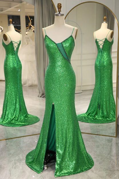 Wholesale Sparkly Green Spaghetti Straps Lace Up Long Prom Dress with Split