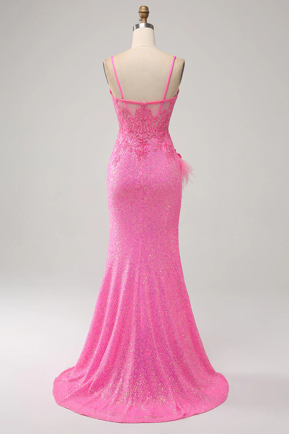 Mermaid Spaghetti Straps Sequins Prom Dress with Appliques Pink Trendy Sparkly Evening Dress