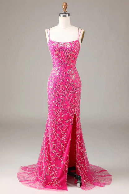 Wholesale Prom Dress Sparkly Fuchsia Mermaid Spaghetti Straps Long Beaded With Slit