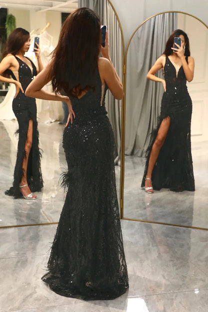 Wholesale Prom Dress Glitter Mermaid V-Neck Feathered With Slit