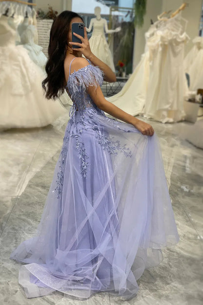 Wholesale Prom Dress A Line Feather Off The Shoulder Tulle With Appliques