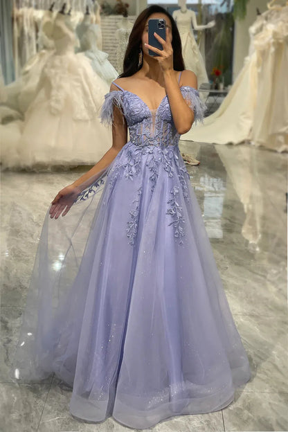 Wholesale Prom Dress A Line Feather Off The Shoulder Tulle With Appliques