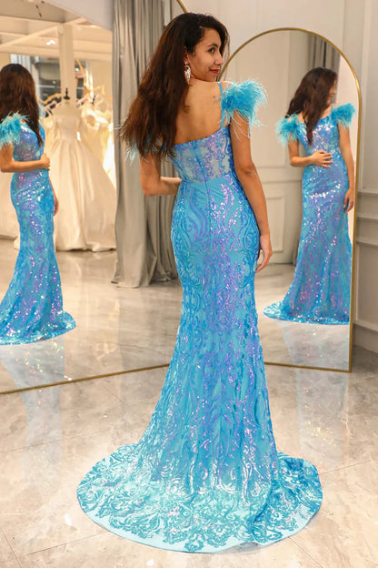 Wholesale Long Prom Dress Sparkly Mermaid Spaghetti Straps With Feather