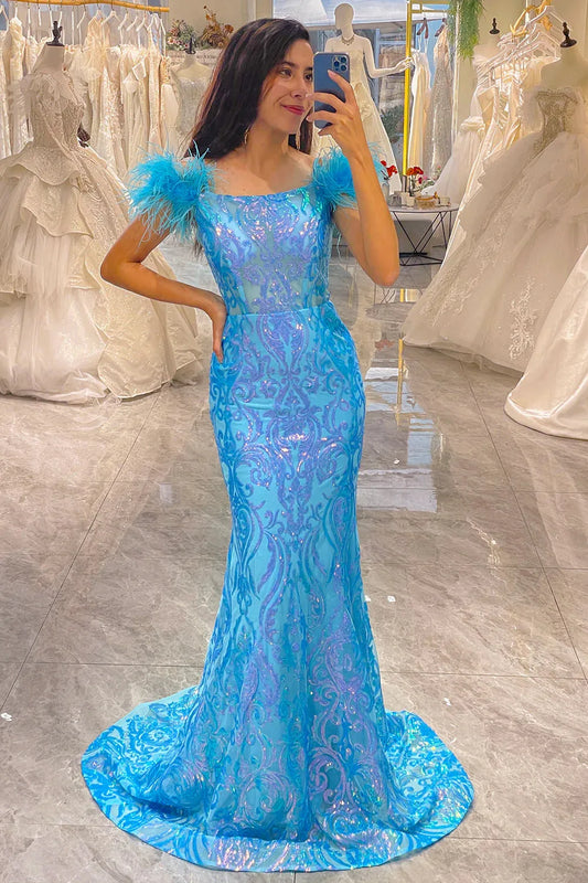 Wholesale Long Prom Dress Sparkly Mermaid Spaghetti Straps With Feather