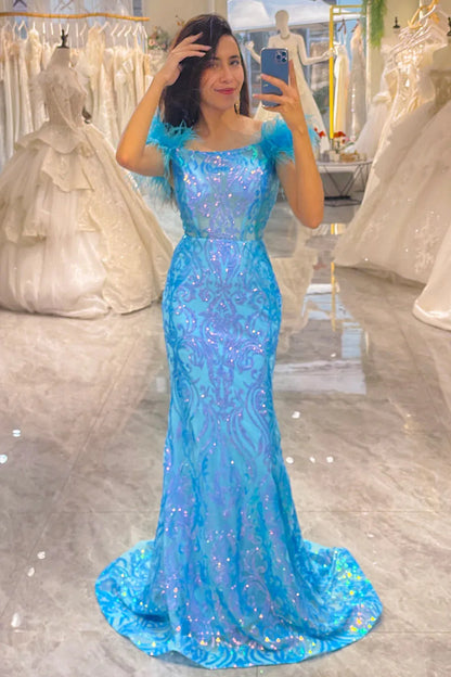 Wholesale Long Prom Dress Sparkly Mermaid Spaghetti Straps With Feather