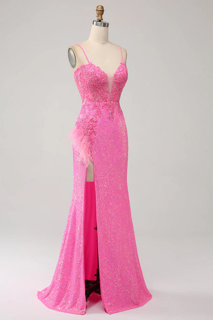 Mermaid Spaghetti Straps Sequins Prom Dress with Appliques Pink Trendy Sparkly Evening Dress