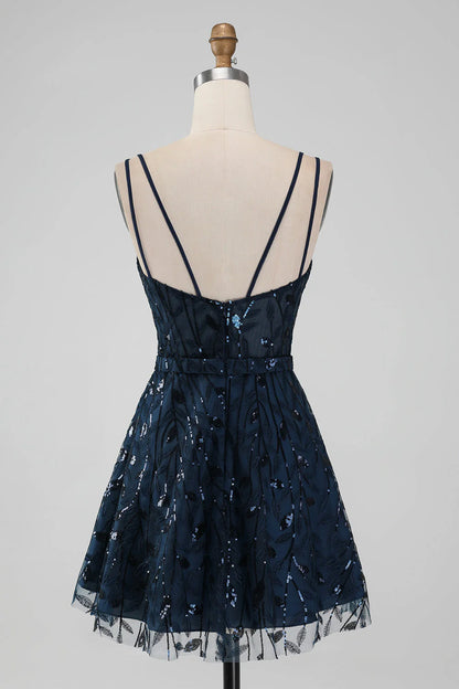 Wholesale Short Homecoming Dress Sparkly Navy A Line Spaghetti Straps Sequins Graduation Dresses