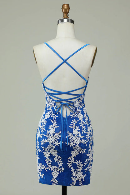 Wholesale Homecoming Dress Spaghetti Straps Blue Sheath With Appliques