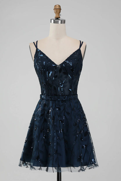 Wholesale Short Homecoming Dress Sparkly Navy A Line Spaghetti Straps Sequins Graduation Dresses