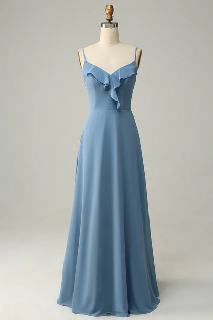 Wholesale A Line Spaghetti Straps Grey Blue Long Bridesmaid Dress with Ruffles