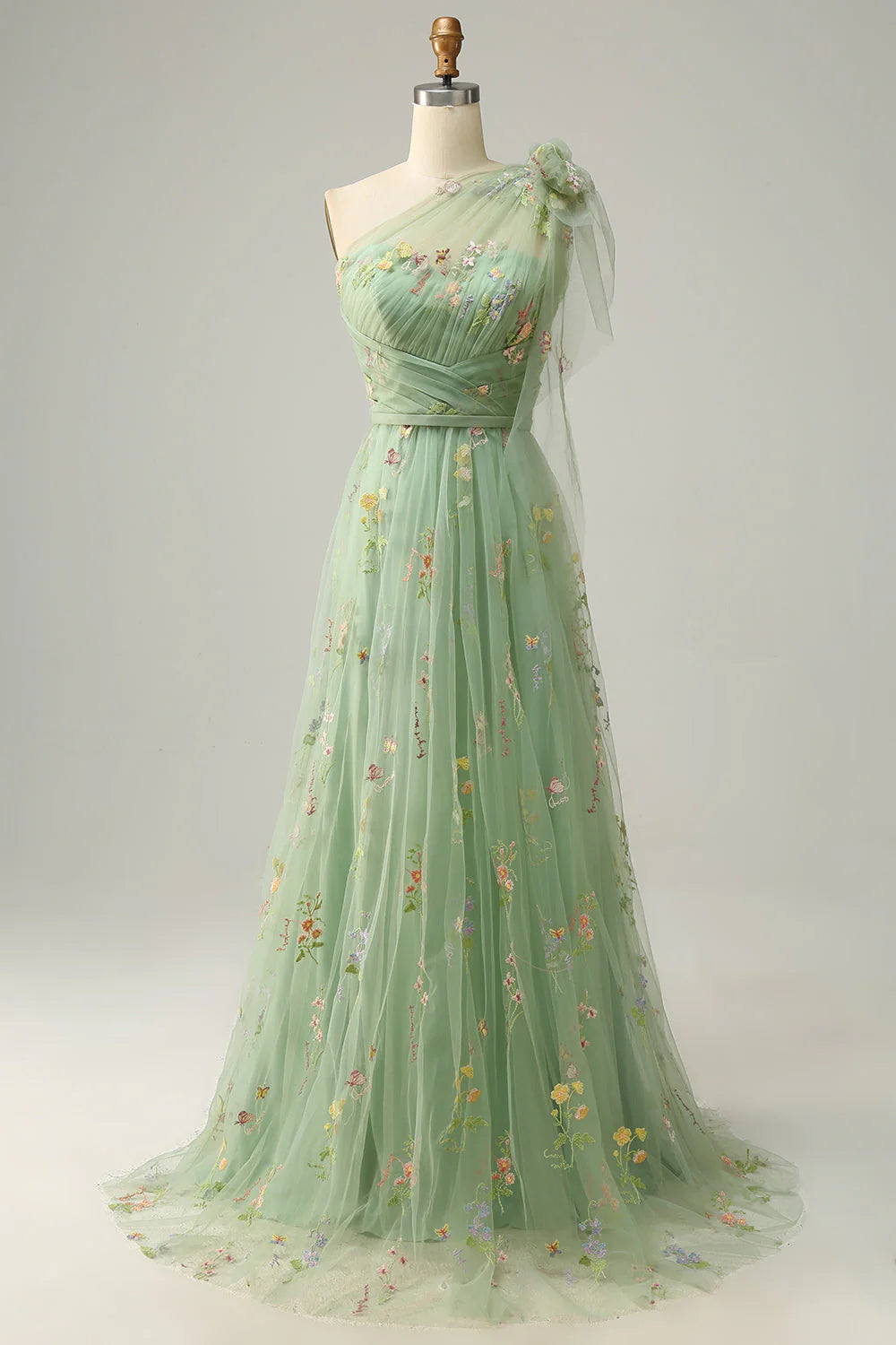 Wholesale A-Line One Shoulder Green Long Prom Dress With Embroidery