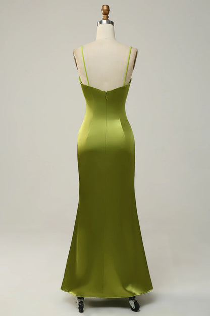 Wholesale Sheath Spaghetti Straps Lemon Green Bridesmaid Dress with Silt