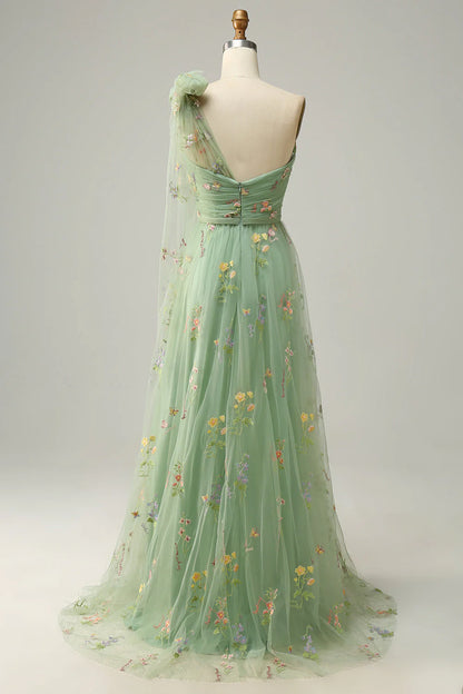 Wholesale A-Line One Shoulder Green Long Prom Dress With Embroidery