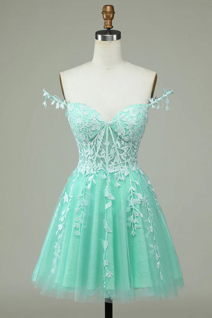 Wholesale A Line Short Homecoming Dress Spaghetti Straps Mint Evening Dress with Appliques