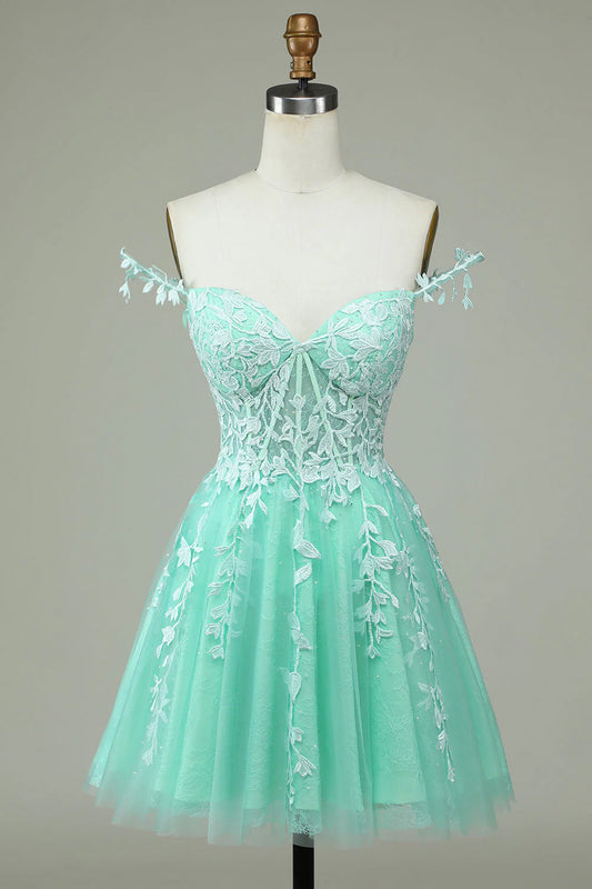 Wholesale A Line Short Homecoming Dress Spaghetti Straps Mint Evening Dress with Appliques