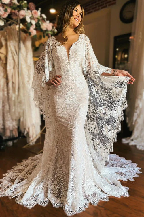 Wholesale Elegant Ivory Long Sleeve Cape Lace Mermaid Wedding Dress with Appliques