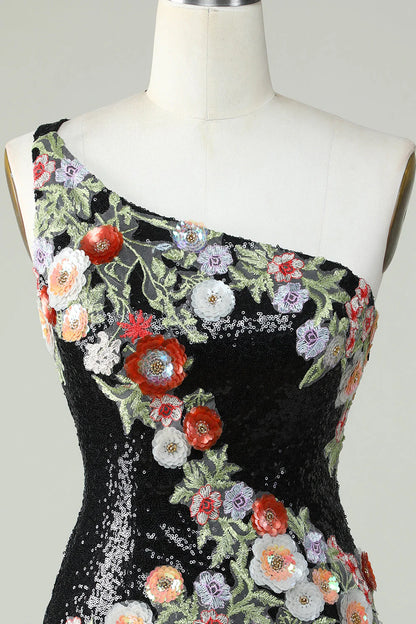 Wholesale Homecoming Dress Bodycon One Shoulder Evening Dress Black Sequin Beading with 3d Flowers