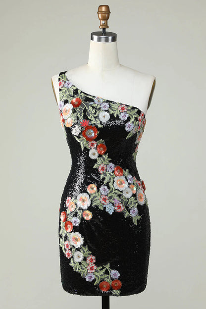 Wholesale Homecoming Dress Bodycon One Shoulder Evening Dress Black Sequin Beading with 3d Flowers