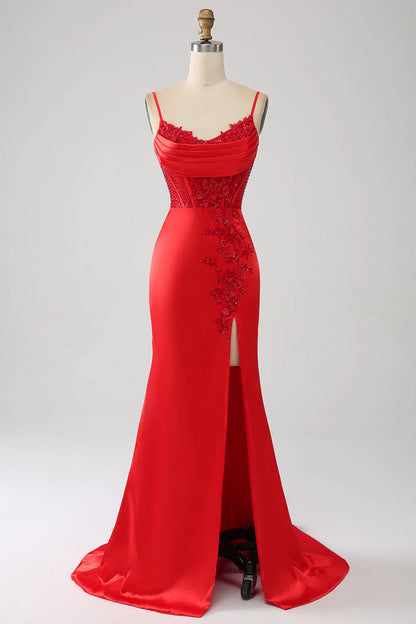 Wholesale Red Mermaid Evening Dress Spaghetti Straps Satin Beaded Prom Dress with Slit