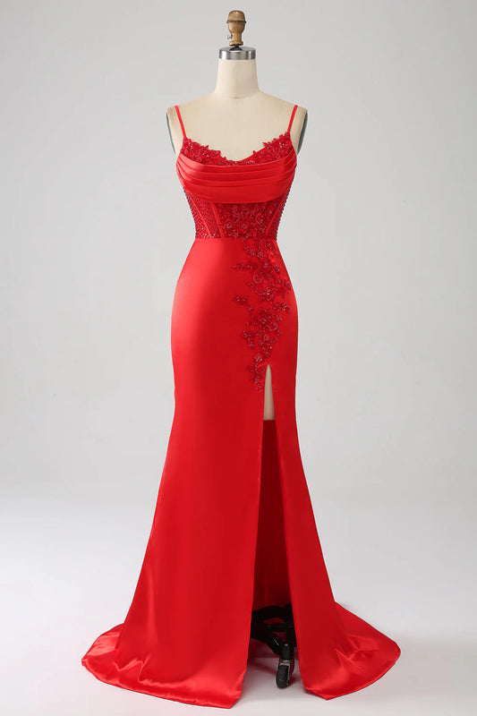 Wholesale Red Mermaid Evening Dress Spaghetti Straps Satin Beaded Prom Dress with Slit