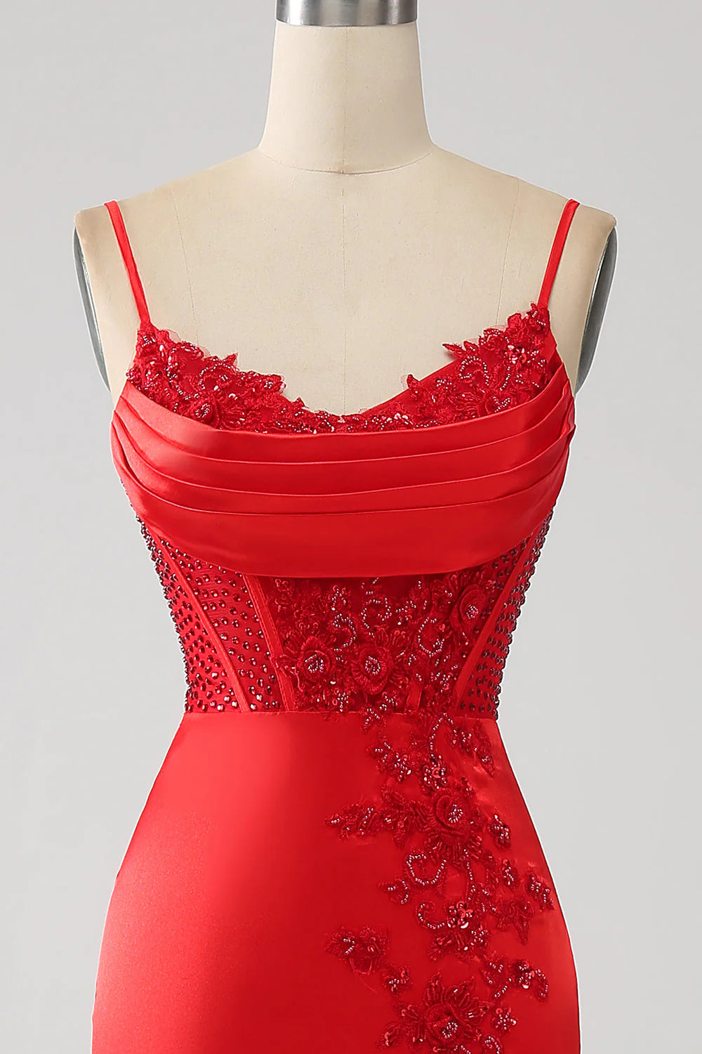 Wholesale Red Mermaid Evening Dress Spaghetti Straps Satin Beaded Prom Dress with Slit