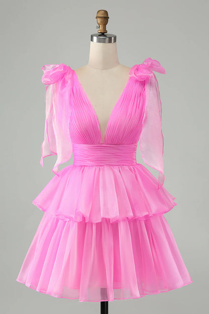 Wholesale Short Cute Homecoming Dress Hot Pink A Line V Neck Backless Pleated Tiered