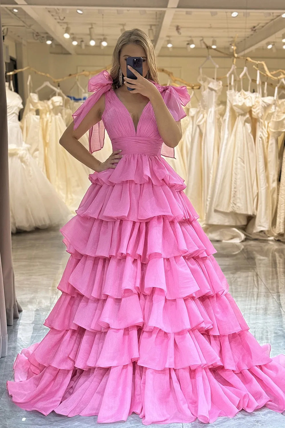 Wholesale A-Line Prom Princess Deep V-Neck Tiered Party Dress