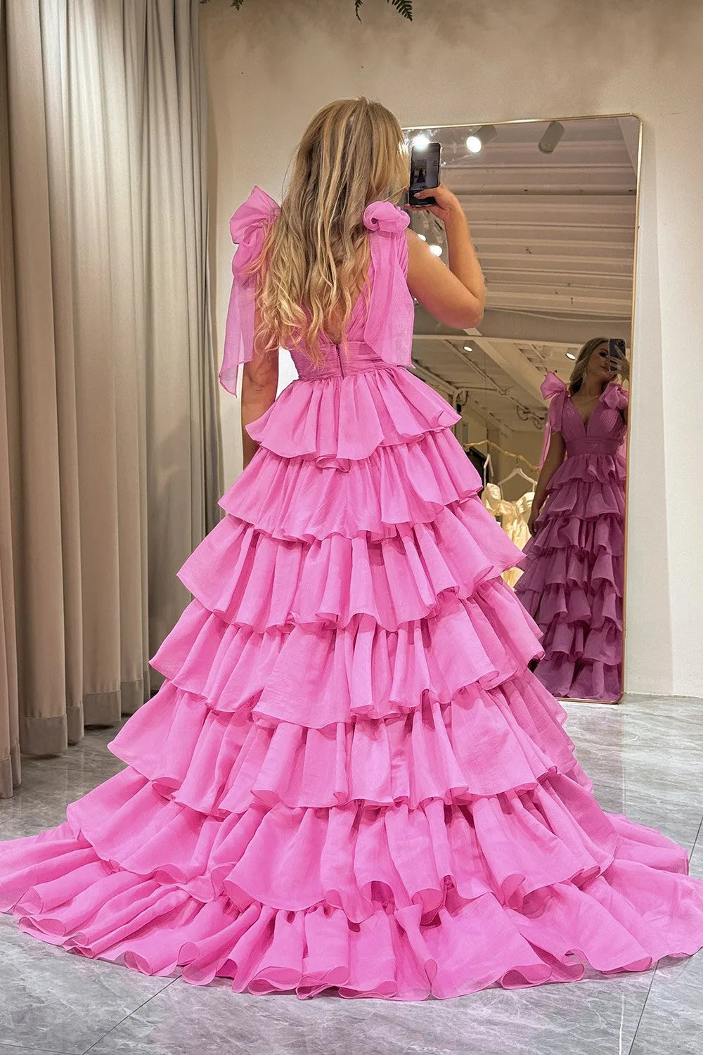 Wholesale A-Line Prom Princess Deep V-Neck Tiered Party Dress