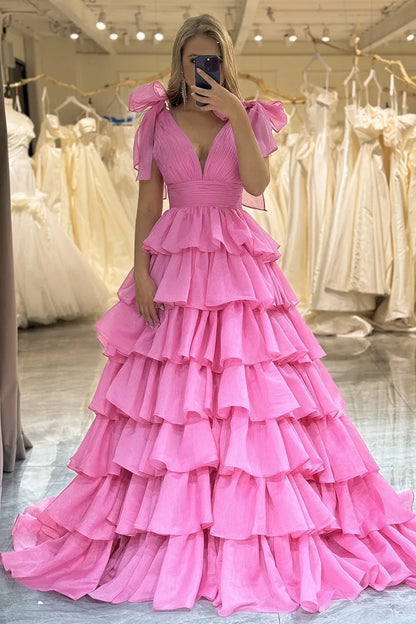 Wholesale A-Line Prom Princess Deep V-Neck Tiered Party Dress