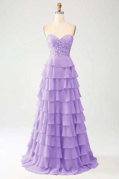 Wholesale Lace Up Long Tiered Chiffon Prom Dress With Slit