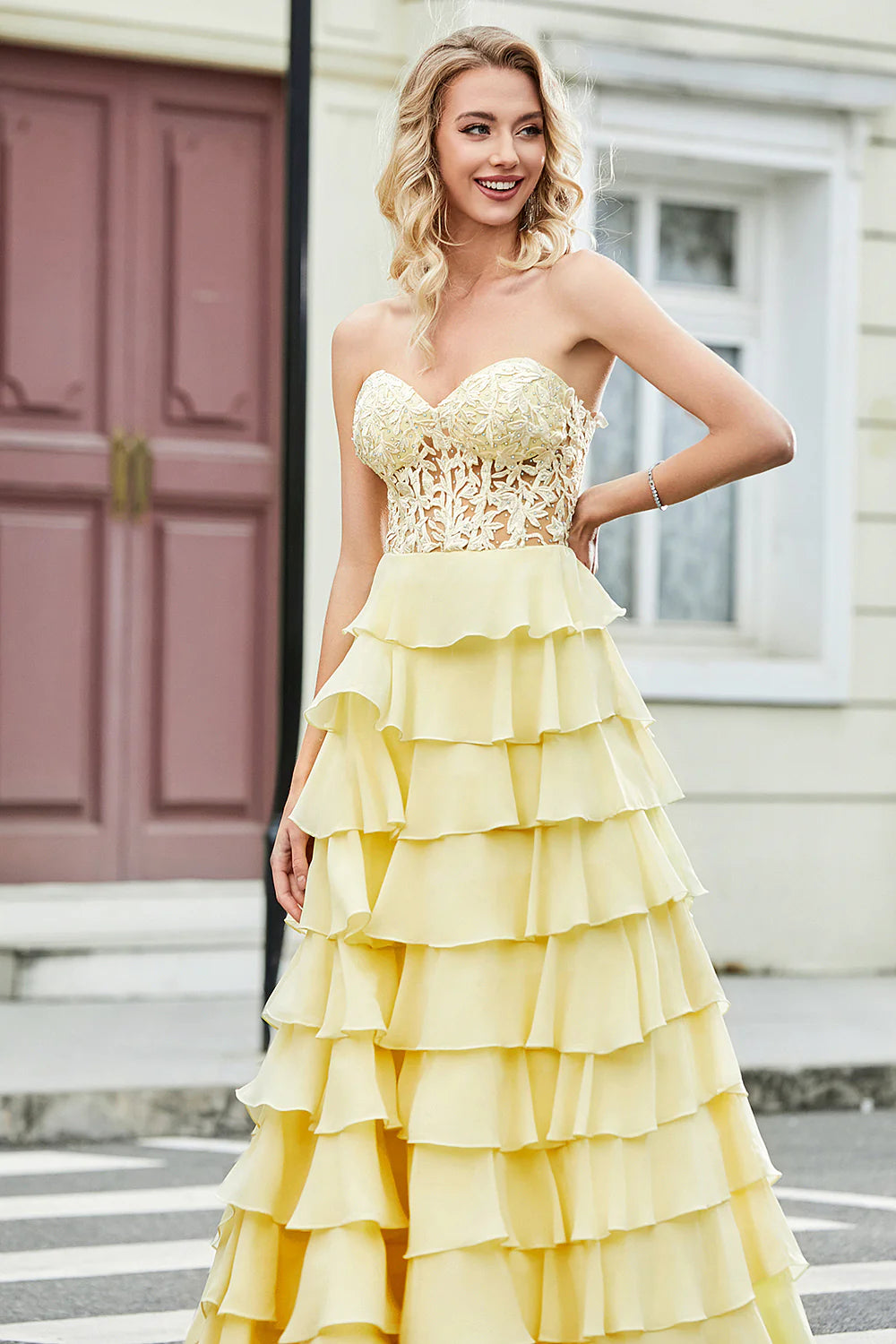 Wholesale A Line Sweetheart Corset Yellow Prom Dress with Appliques Ruffles Gorgeous