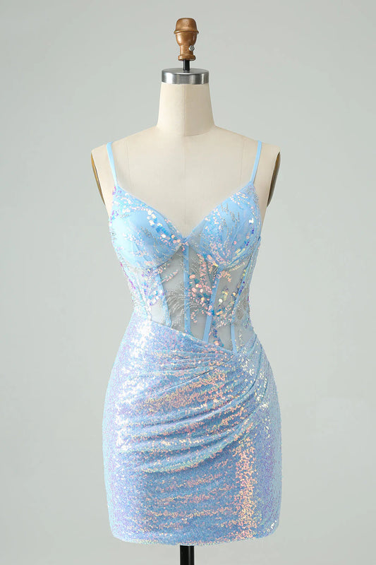 Wholesale Homecoming Dress Glitter Lilac Tight Spaghetti Straps Corset with Sequins