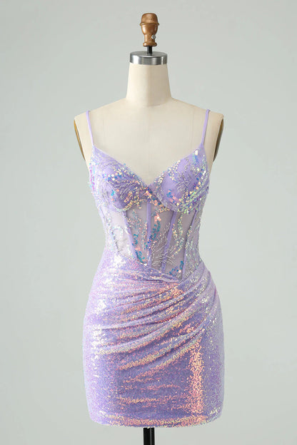 Wholesale Homecoming Dress Glitter Lilac Tight Spaghetti Straps Corset with Sequins