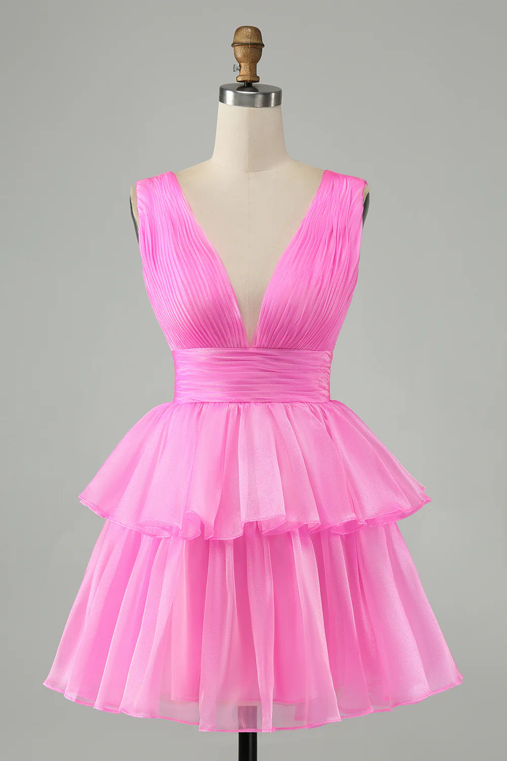 Wholesale Short Cute Homecoming Dress Hot Pink A Line V Neck Backless Pleated Tiered