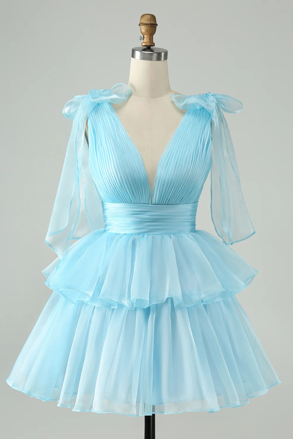 Wholesale Short Homecoming Dress Cute Sky Blue A Line V Neck Backless Pleated Tiered