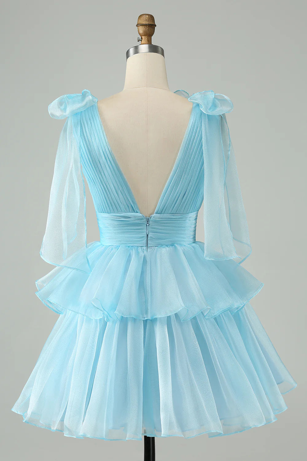 Wholesale Short Homecoming Dress Cute Sky Blue A Line V Neck Backless Pleated Tiered