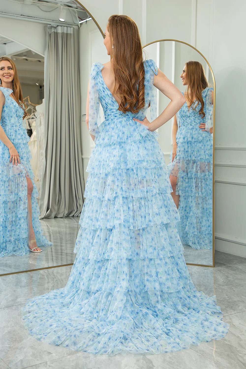 Wholesale A Line Long Prom Dress Tulle V Neck Pleated Tiered With Slit Blue