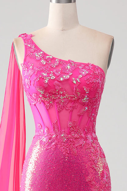 Wholesale Mermaid One Shoulder Sparkly Corset Prom Dress Fuchsia With Slit