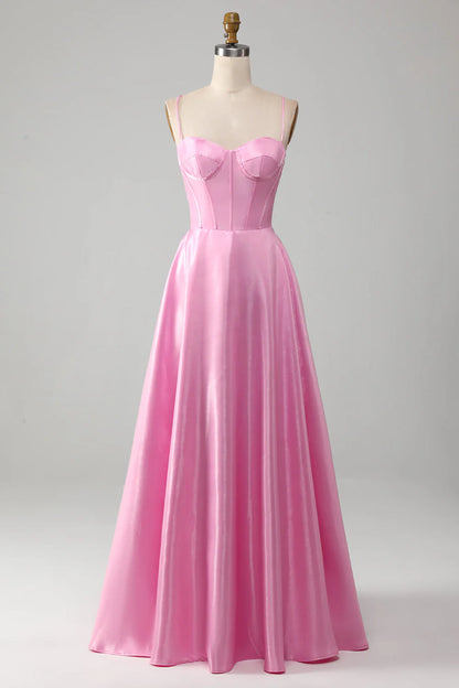 Wholesale Pink A-Line Evening Dress Spaghetti Straps Corset Long Prom Dress