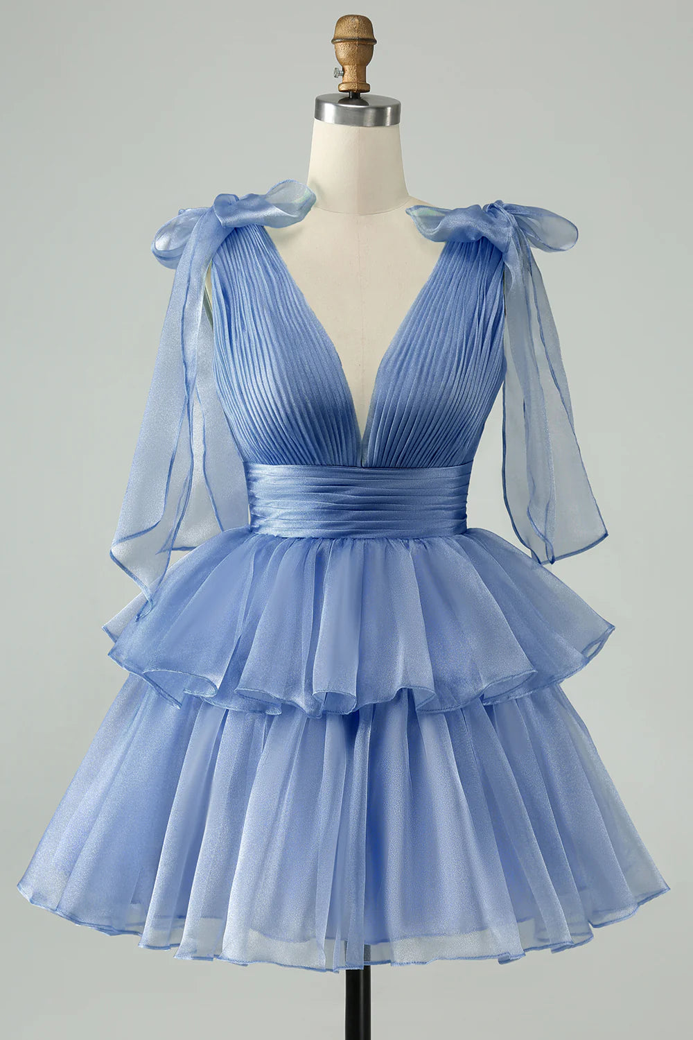 Wholesale Short Homecoming Dress Cute Sky Blue A Line V Neck Backless Pleated Tiered