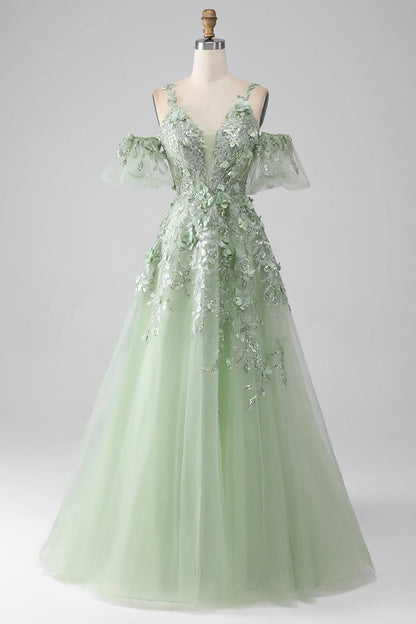 Wholesale A-Line Evening Dress Long Corset Appliqued Prom Dress with Detachable Sleeves Sage