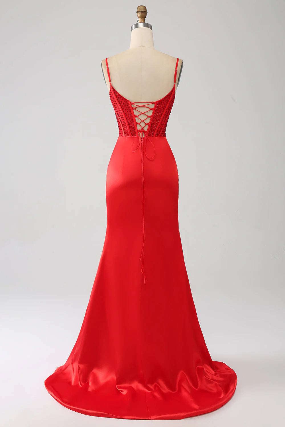 Wholesale Red Mermaid Evening Dress Spaghetti Straps Satin Beaded Prom Dress with Slit