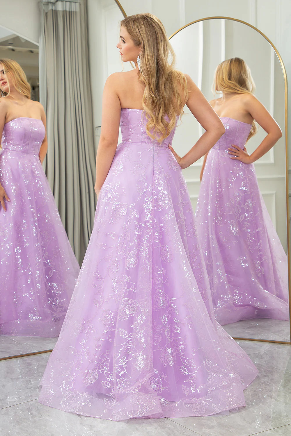 Wholesale Sparkly Lilac Long Prom Dress A Line Strapless Sequin Evening Dress