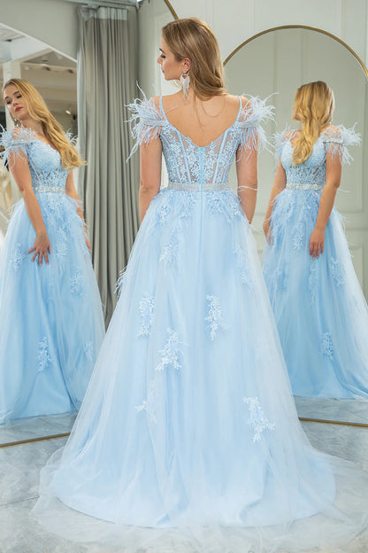 Wholesale Fashion A Line Long Corset Appliqued Prom Dress Light Blue With Feathers