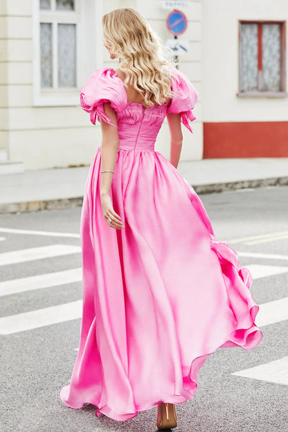 Wholesale Prom Dress A Line Square Neck Hot Pink with Puff Sleeves