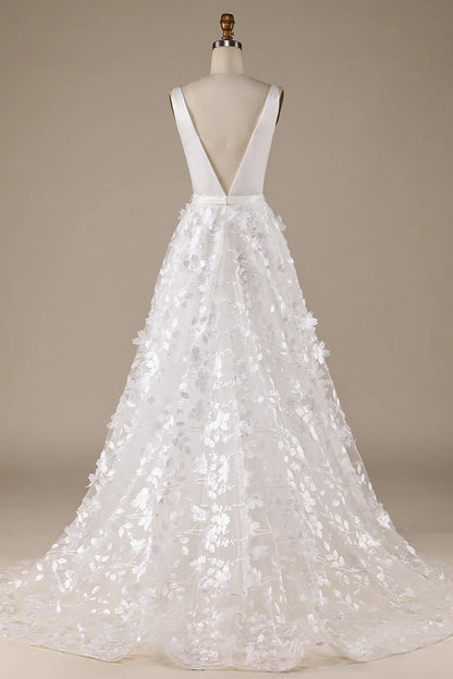 Wholesale Ivory A-Line V-Neck Wedding Dress with 3D Flowers