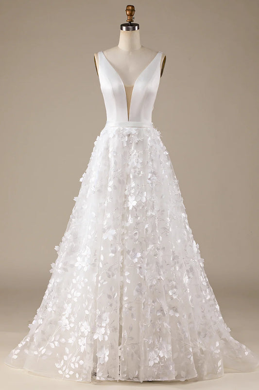 Wholesale Ivory A-Line V-Neck Wedding Dress with 3D Flowers